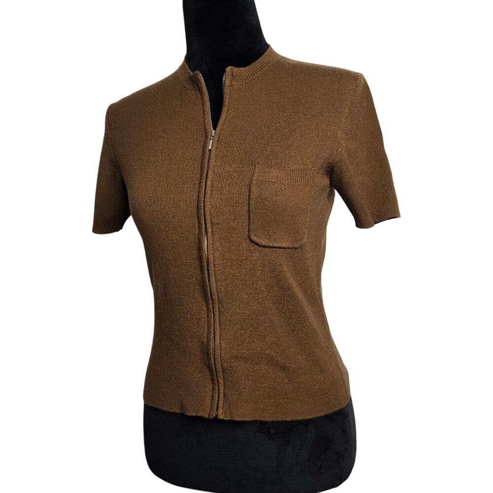 Vintage J.Crew Brown Short Sleeve Zip Front Knit Cardigan Sweater M Hong Kong